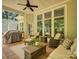 Relaxing screened-in patio with ceiling fan, wicker furniture, and grill at 1222 Kings Bottom Dr, Fort Mill, SC 29715