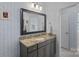 Bathroom featuring granite countertops, gray cabinets, and modern fixtures at 309 Catawba Ave, Davidson, NC 28036