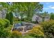 Landscaped backyard with a dark pool, stone patio, and beautiful plantings at 309 Catawba Ave, Davidson, NC 28036