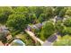 Expansive aerial view of a red brick home, featuring a pool, lush landscaping, and a private driveway at 4611 Cringle Ct, Charlotte, NC 28226