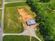 Aerial view of a barn and pasture surrounded by trees at 725 Bradshaw Rd, Mt Ulla, NC 28125