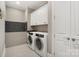 Laundry room featuring gray tile, modern washer and dryer, and white cabinets at 8670 Arbor Oaks Cir, Concord, NC 28027