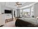 Bright main bedroom featuring a ceiling fan, white dresser, TV and access to a large closet at 12604 Congregation Dr, Charlotte, NC 28278
