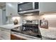 Close-up of a modern stainless steel stove and microwave above granite countertops with white subway tile backsplash at 2150 Quiet Creek Pl, Rock Hill, SC 29732