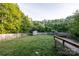 Expansive backyard featuring a large, well-maintained lawn, wooden fence, storage shed and deck at 2416 Hart Rd, Charlotte, NC 28214