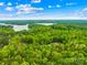 Expansive aerial view showcasing a home nestled within a vibrant green forest, near a serene lake at 8451 Ridgewood Rd, Sherrills Ford, NC 28673