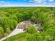 Aerial view showcases the estate nestled among mature trees, private pool, long driveway, and grand facade at 8451 Ridgewood Rd, Sherrills Ford, NC 28673