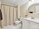 Bright bathroom features a single sink vanity, toilet, and a bath/shower combo with neutral curtain at 9640 Alma Blount Blvd, Charlotte, NC 28277