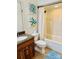 Cozy bathroom featuring a shower-tub, patterned shower curtain, and vanity with artwork at 107 Cedar Lake Dr, Statesville, NC 28625
