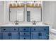 Modern bathroom features a double vanity with blue cabinets and white countertops at 1522 Stafford Ext, Monroe, NC 28110