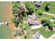 Overhead view of a home with a private dock, landscaped yard, and serene lakefront setting at 202 Timber Lake Dr, Troutman, NC 28166