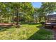 Expansive, tree-lined backyard showcasing lush green grass and a cozy deck, ideal for relaxation and outdoor activities at 204 Limerick Dr, Matthews, NC 28104