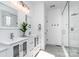 Bright bathroom features dual vanities, decorative mirrors, and a modern glass-enclosed shower at 302 Wesley Heights Way, Charlotte, NC 28208