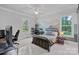 Cozy bedroom featuring a metal bed frame, a mural and two windows overlooking the beautiful outdoor scenery at 327 Kenway Loop, Mooresville, NC 28117