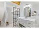 Bright and modern bathroom with white subway tile in shower and hexagon tile flooring at 56 Blume Sw Ave, Concord, NC 28025