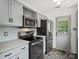 Updated kitchen with stainless steel appliances, tile backsplash, and grey cabinets at 6647 Vlosi Dr, Charlotte, NC 28226
