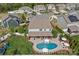 Aerial view of home with backyard pool, patio, manicured landscaping and surrounding neighborhood at 106 Wrangler Dr, Mooresville, NC 28115