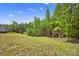 Large backyard with lush green lawn, mature trees, and a wooden playhouse for outdoor enjoyment at 13408 Portside Ln, Lancaster, SC 29720