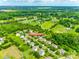 Expansive aerial view of a neighborhood with lush green lawns and mature trees on a partly cloudy day at 1418 Lonan Dr, Waxhaw, NC 28173