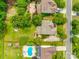 Aerial view showcases a large lot, mature trees, and a neighboring pool at 1418 Lonan Dr, Waxhaw, NC 28173