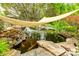 Backyard pond with a waterfall and koi fish creating a serene and tranquil outdoor oasis at 1418 Lonan Dr, Waxhaw, NC 28173