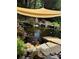 Backyard koi pond with waterfall feature, lush landscaping, and shaded by tan canopy for relaxation at 1418 Lonan Dr, Waxhaw, NC 28173