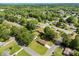 A birds-eye view shows a lush neighborhood with mature trees and landscaped yards at 300 Scotland Dr, Kings Mountain, NC 28086