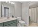 Bathroom featuring a toilet, sink, vanity, and adjacent shower for everyday convenience at 5775 Monticello Nw Dr, Concord, NC 28027