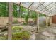 Backyard with covered patio area and stone flooring, offering a secluded retreat with natural surroundings at 652 Camrose Ne Cir, Concord, NC 28025