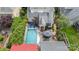 Aerial view of the house showing a pool, backyard patio, garage, and mature trees at 2306 Club Rd, Charlotte, NC 28205