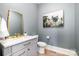Elegant powder room with grey vanity, gold fixtures, and modern artwork for a sophisticated touch at 4021 Nettie Ct # 7, Charlotte, NC 28211