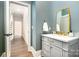Stylish powder room featuring grey vanity with gold hardware and a decorative gold mirror at 4021 Nettie Ct # 7, Charlotte, NC 28211