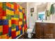 bathroom with playful decor, including a vibrant Lego-themed shower curtain at 79115 Ridgehaven Rd, Lancaster, SC 29720