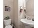 Stylish powder room featuring a pedestal sink, modern fixtures, and neutral decor at 79115 Ridgehaven Rd, Lancaster, SC 29720