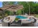 Lounge area with a large umbrella, table and chairs right by the pool and slide at 1102 Anniston Pl, Wesley Chapel, NC 28079