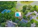 Aerial view of community pool, tennis courts, lake, clubhouse, and parking area surrounded by lush greenery at 1959 Landry Ln, Rock Hill, SC 29732