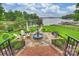 Well-manicured backyard with a central fountain, beautiful landscaping, and scenic lake views at 299 Barber Loop, Mooresville, NC 28117