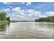 Scenic view of the expansive lake showcasing calm waters and lush shoreline vegetation under a partly cloudy sky at 299 Barber Loop, Mooresville, NC 28117