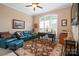 Office space with large window, blue leather couches, and dark brown rug at 3420 Maryhurst Ln, Charlotte, NC 28226