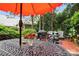 Outdoor patio features an orange umbrella, an outdoor cooking area with grill, and outdoor furniture at 3420 Maryhurst Ln, Charlotte, NC 28226