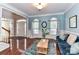 Comfortable living room with hardwood floors, natural light, and blue accent wall at 6005 Abergele Ln, Matthews, NC 28104