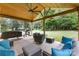 Cozy covered patio setup with wicker seating, grill, and expansive wooded backyard at 8112 Mossy Rock Rd, Waxhaw, NC 28173