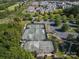 Aerial view of the tennis courts showcasing 4 courts and a parking lot nestled in mature trees at 9802 Sky Vista Dr, Huntersville, NC 28078