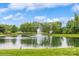 Scenic view of the neighborhood pond with a fountain and surrounding greenery, offering a tranquil setting for residents at 10012 Royal Colony Dr, Waxhaw, NC 28173