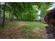 Well-manicured back yard with green grass, mature trees, and a wood fence at 1033 Marguerite Dr, Lowell, NC 28098