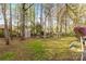 Large backyard showcasing mature trees, storage shed and a serene landscape at 12628 Waterfall Pl, Charlotte, NC 28278