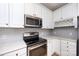 Close up of kitchen with stainless steel appliances, stylish backsplash, and marble countertops at 400 N Church St # 413, Charlotte, NC 28202