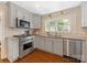 Modern kitchen featuring stainless steel appliances, granite countertops, and white backsplash at 4346 Walker Rd, Charlotte, NC 28211