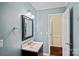Well-lit bathroom featuring blue walls, wooden floors and a vanity at 836 Meadowlark Dr, Rock Hill, SC 29732
