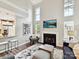 Living room featuring a fireplace, vaulted ceilings, and views to kitchen and loft at 9723 Mattforest Cir, Charlotte, NC 28277